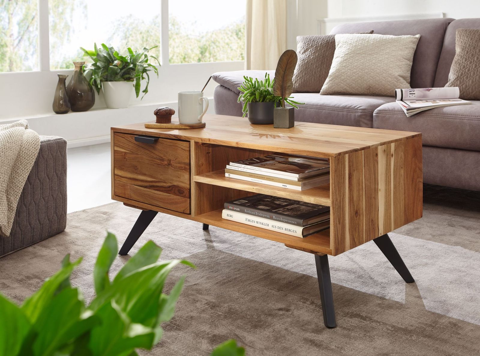 Couchtisch - Akazie massiv - mit Schublade - 95 cm