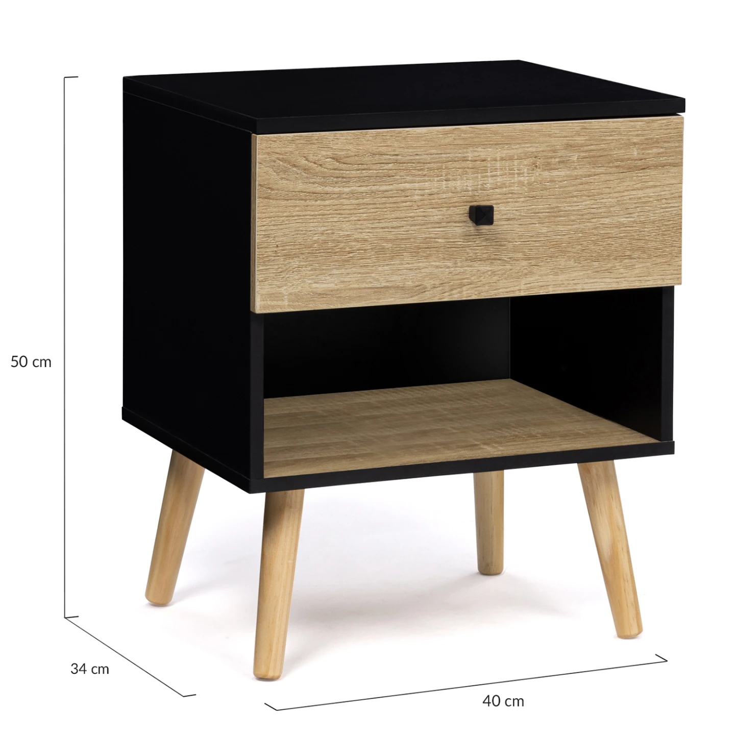 Lot de 2 tables de chevet EMMIE scandinaves 1 tiroir avec niche noir et hêtre