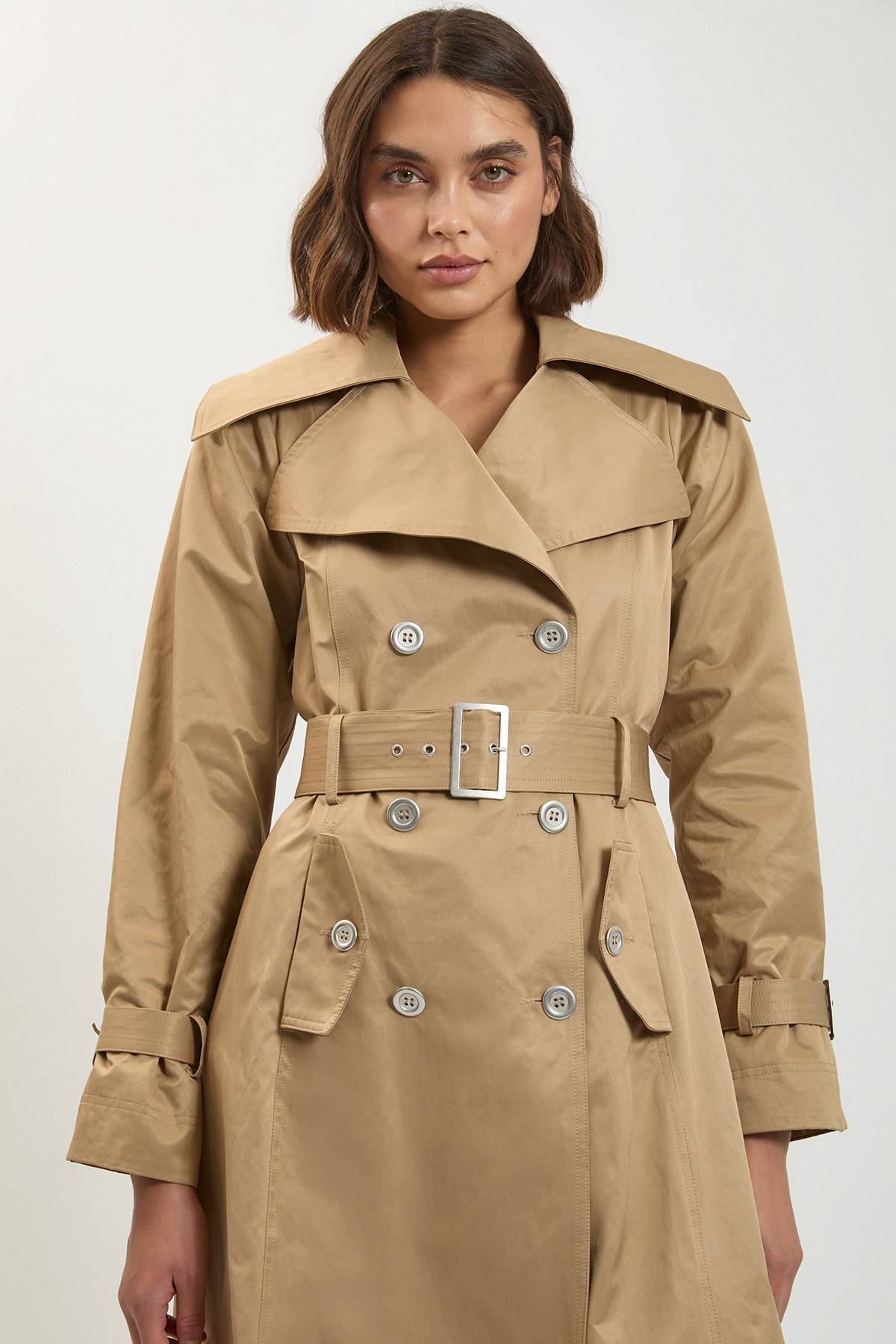 KarenMillen Trench-Coat Classique Ceinturé en Coton Brillant