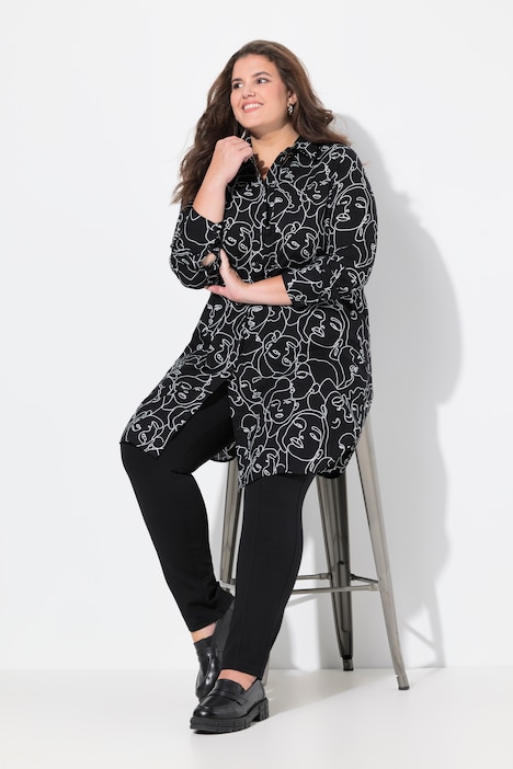 Longbluse, Gesichter, A-Linie, Hemdkragen, Langarm