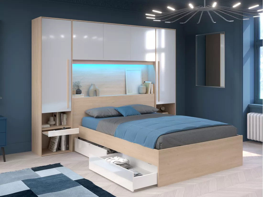 Lit pont 140 x 190 cm avec rangements - avec LEDs - Coloris : Naturel et blanc brillant + Sommier - VELONA