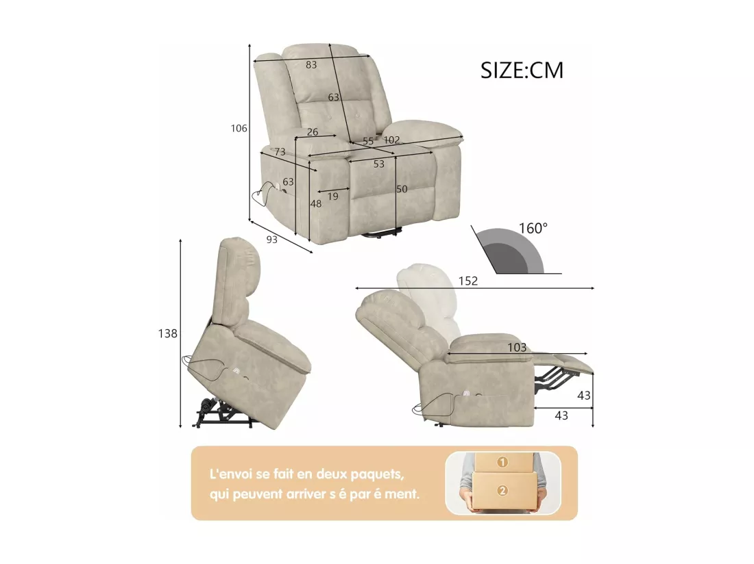 Fauteuil relax électrique en inclinable en Tissu - Girs - L93 x W102 x H106 cm - Gris 1