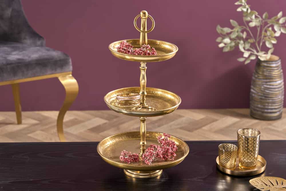 Design Etagere ORIENT 50cm gold im Wild Hammerschlag mit drei Etagen