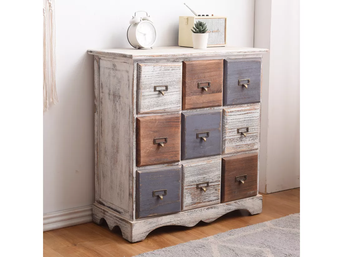 Commode Armoire 9 Tiroirs Bois Blanc Marron Gris Vintage 63x60x23