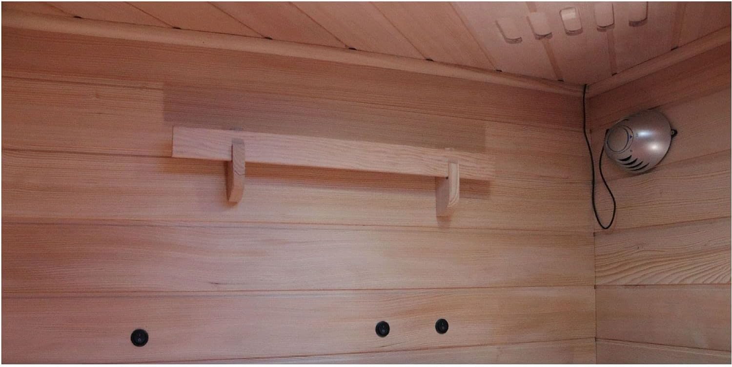Dewello® Infrarotkabine Infrarotsauna LAKEFIELD 140cm x 140cm für 2-3 Personen aus Hemlock Holz mit Vollspektrumstrahler, LED-Farblicht, Bluetooth, FM,MP3,USB