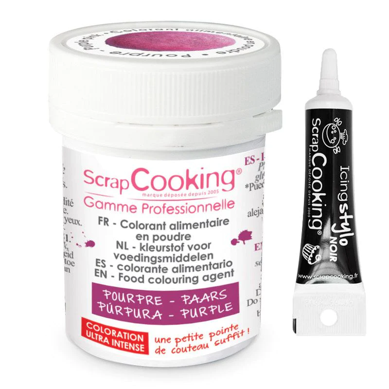 Colorant alimentaire en poudre pourpre + Stylo de glaçage noir Scrapco