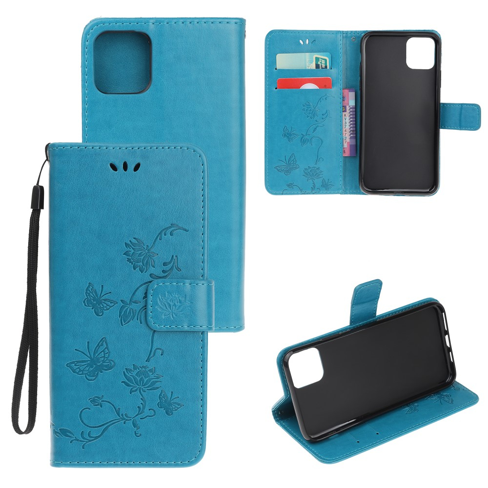 iPhone 12 / iPhone 12 Pro Leder Tasche Flip Cover Schmetterlinge und Blumen - Blau