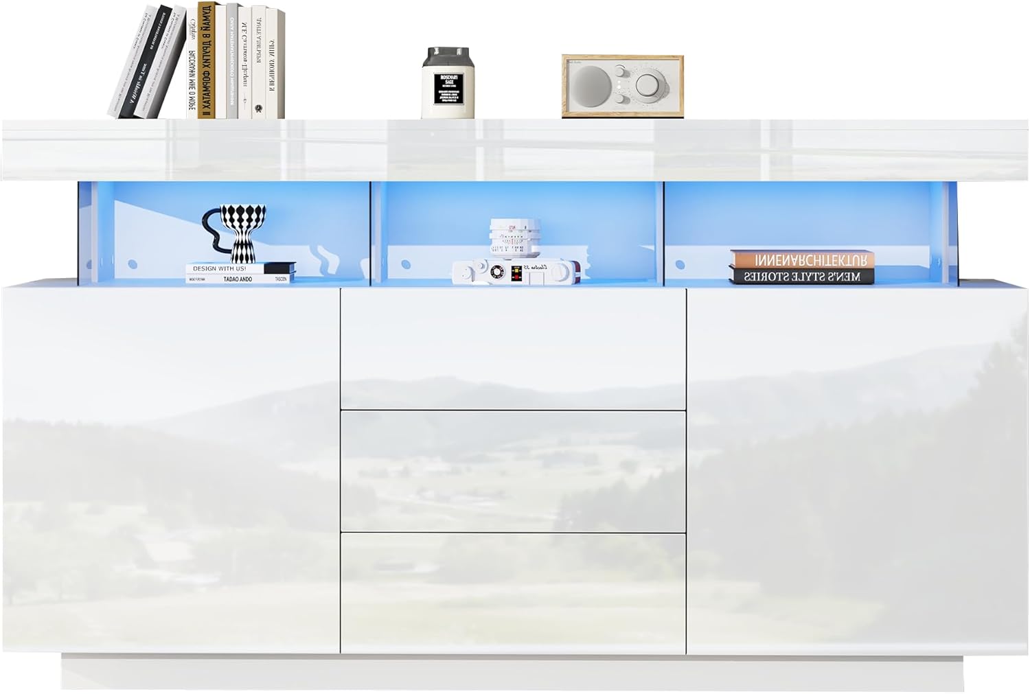 Kayan Kommode, Hochglanz Sideboard mit 2 Türen, 3 Schubladen und 3 offenes Regal, 16-Farbigem LED Beleuchtung, Mehrzweckschrank für Wohnzimmer und Schlafzimmer, 140 x 35 x 80 cm, Weiß