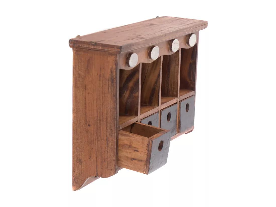ÉTAGÈRE MURALE Luna Bois de mahogany, avec 4 tiroirs et 3 crochets couleurs naturelles-noir