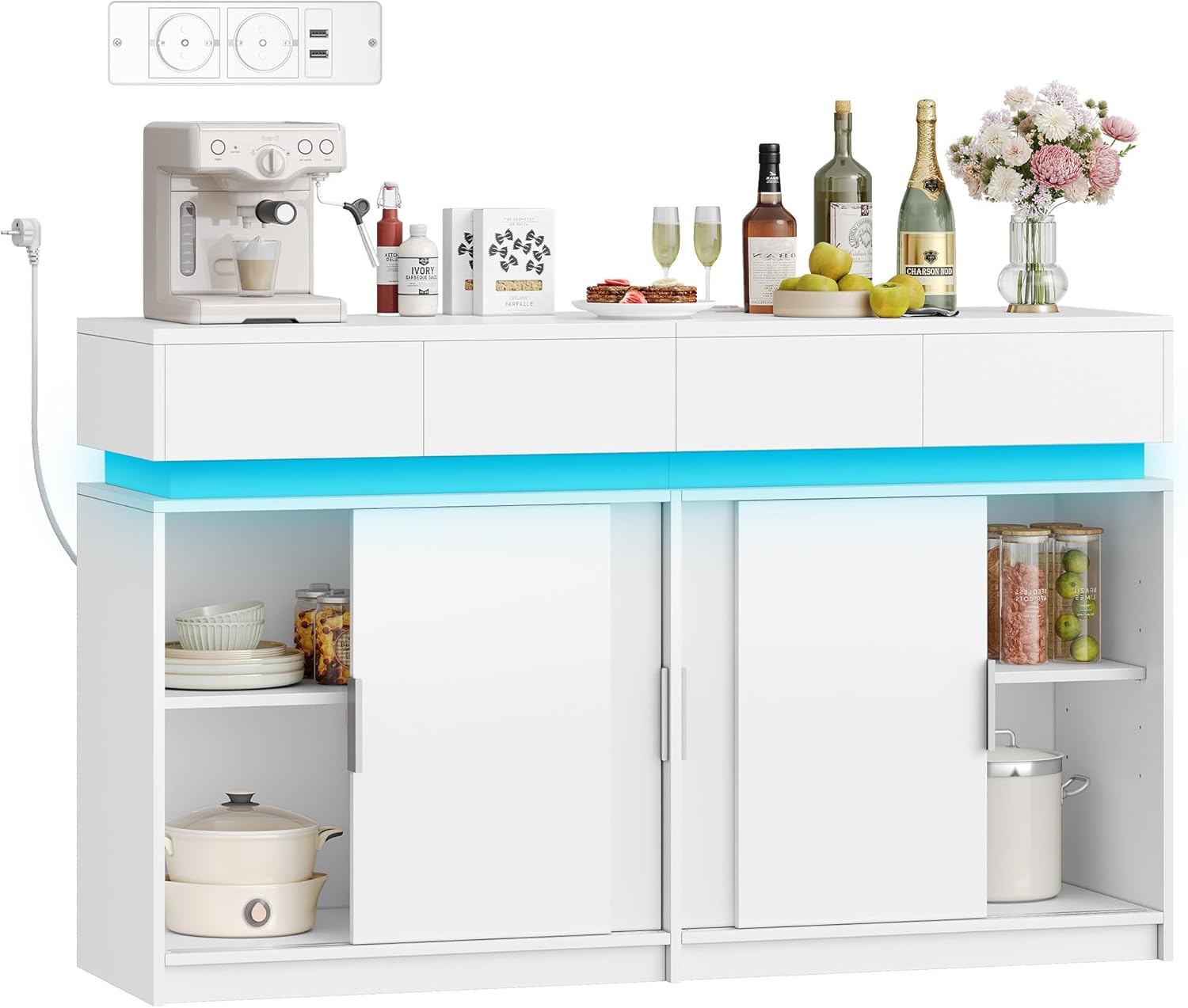 Hzuaneri Sideboard mit 4 Schubladen, Küchenschrank mit 4 Schiebetüren, Buffetschrank mit Steckdosenleiste und LED-Licht, verstellbares Regal, Küche, Wohnraum, 40 x 140 x 85 cm, Weiß SC00403XEU
