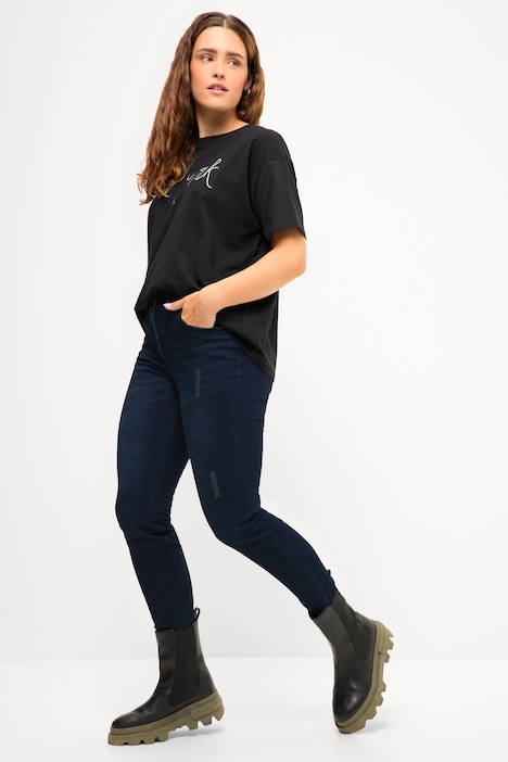 Skinny Jeans, cutted Saum, 5-Pocket, Elastikbund, Zipp-Fly