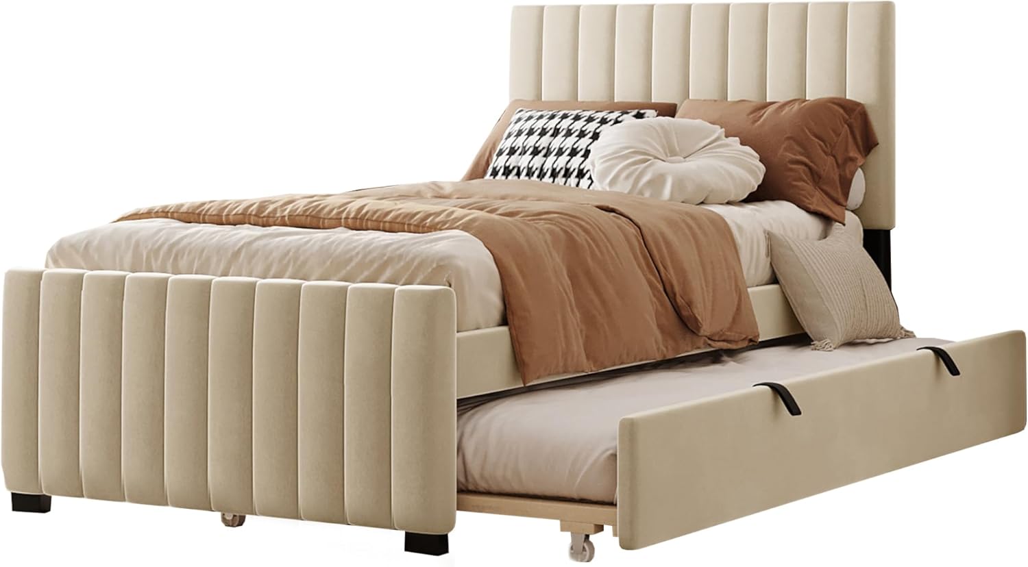 Kinderbett Polsterbett 90x190 cm mit Ausziehbett, Bett Einzelbett Doppelbett Jugendbett Gästebett Rückenlehne Bettgestell Flachbett mit Holz Lattenrost, hautfreundliches Samtstoff, Ohne Matratze,Beige