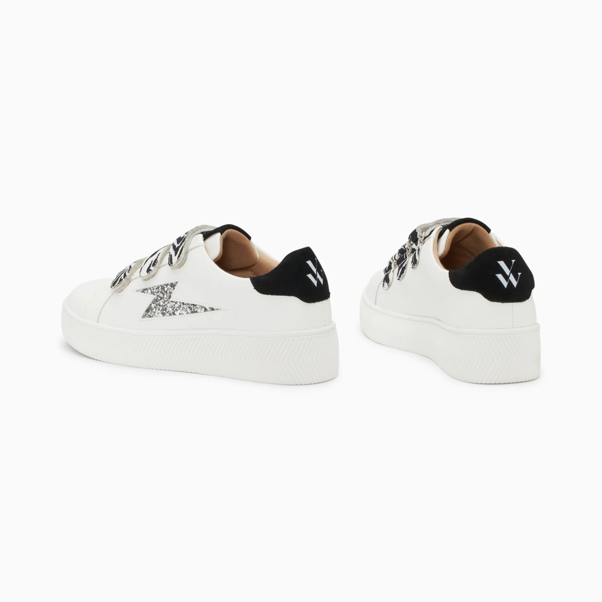 Sneakers-Baskets éclair Noura blanc et argent à scratchs zèbre