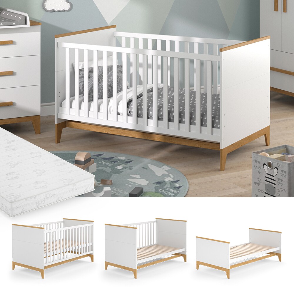 VitaliSpa Kinderbett Babybett Juniorbett Malia Weiß Eiche Matratze modern 70x140 cm Kinderzimmer Bett Babyzimmerbett Kindermöbel Babymöbel Schlupfsprossen Lattenrost Rausfallschutz Einzelbett