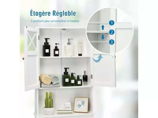Meuble WC au-Dessus des Toilettes Étagère de Rangement de Salle de Bain Hauteur Réglable 2 Portes avec Verre Trempé, Blanc
