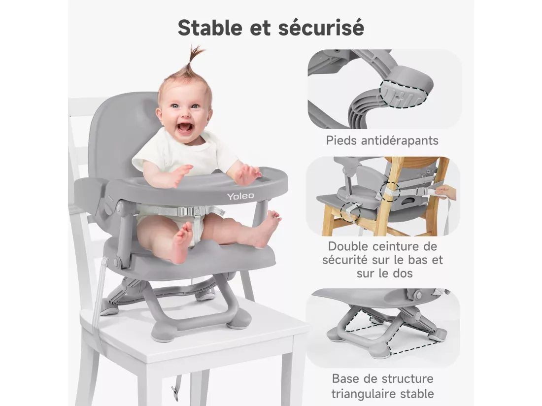Réhausseur Chaise Enfant Pliable,Chaise Haute Bébé Portable,Bébé Chaise repas en Hauteur Réglable,Plateau Amovible,6 mois à 3 ans,Gris