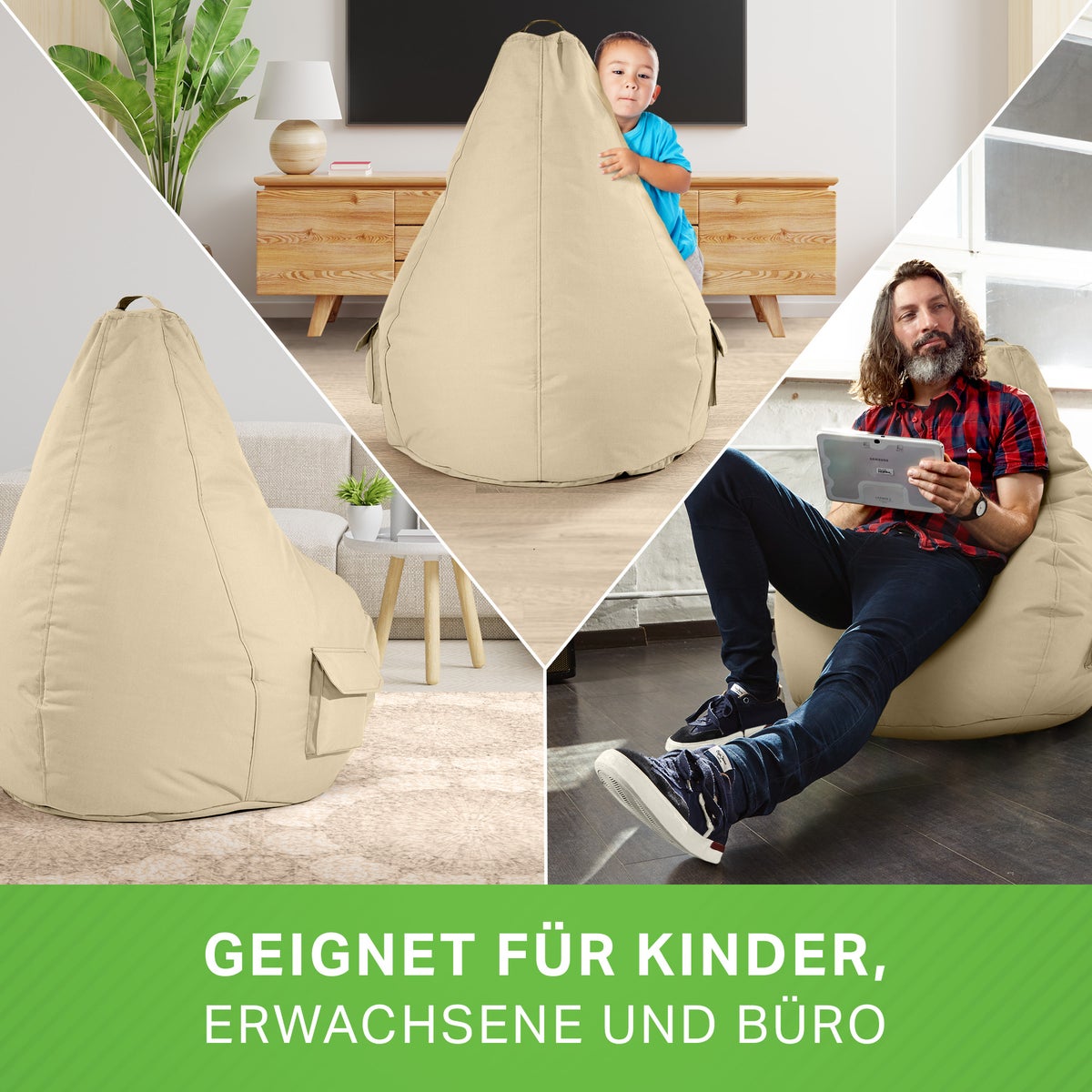 Green Bean Zitzak met rugleuning 80x70x90cm - Gaming stoel met 230L vulling, comfortabel, zacht, wasbaar - Zitzak vloerkussen, loungestoel, voetenbank, relaxstoel, gamerstoel, beige