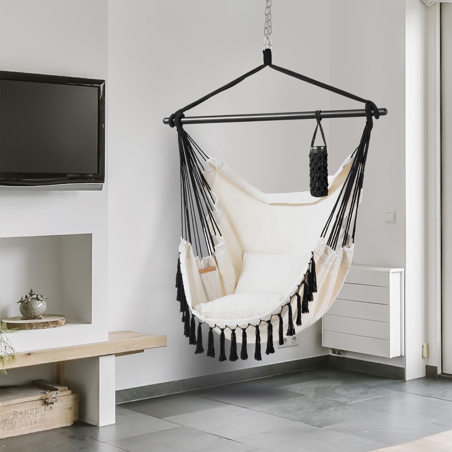 Juskys Hängesessel Miami mit Kissen, Stange & Tasche - Makramee Hängeschaukel bis 150 kg - Beige