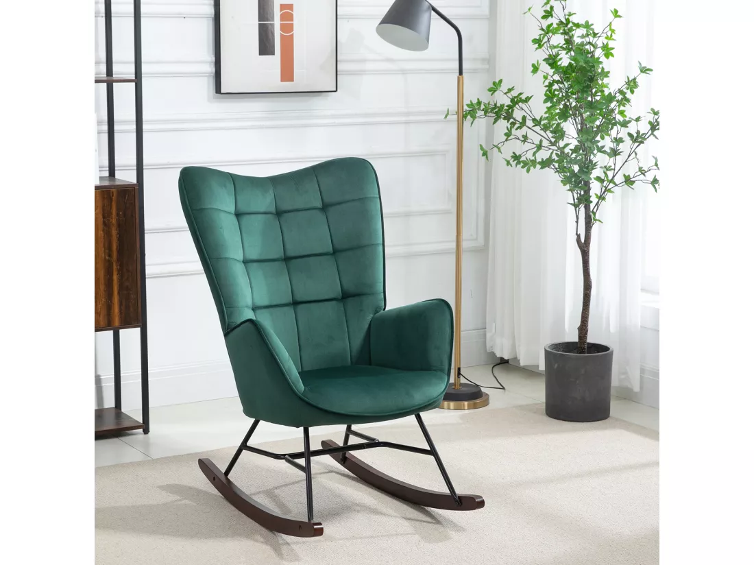 MEUBLES COSY FUNKEL Fabric Grey Rock Fauteuil à Bascule Allaitement Rétro Chaise Loisir et Repos en Velours avec Pieds en E' Bois Métal pour Salon, Chambre, Massif, Vert, 66x84x97cm