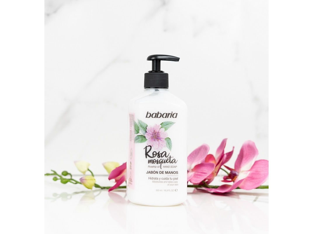 SABONETE LIQUIDO DE MÃOS ROSA MOSQUETA BABARIA 500 ML.