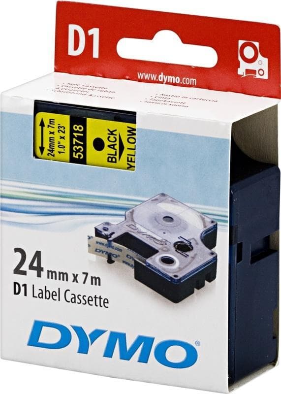 DYMO D1, markeringstape, 24 mm, sort tekst på gul tape, 7 m.