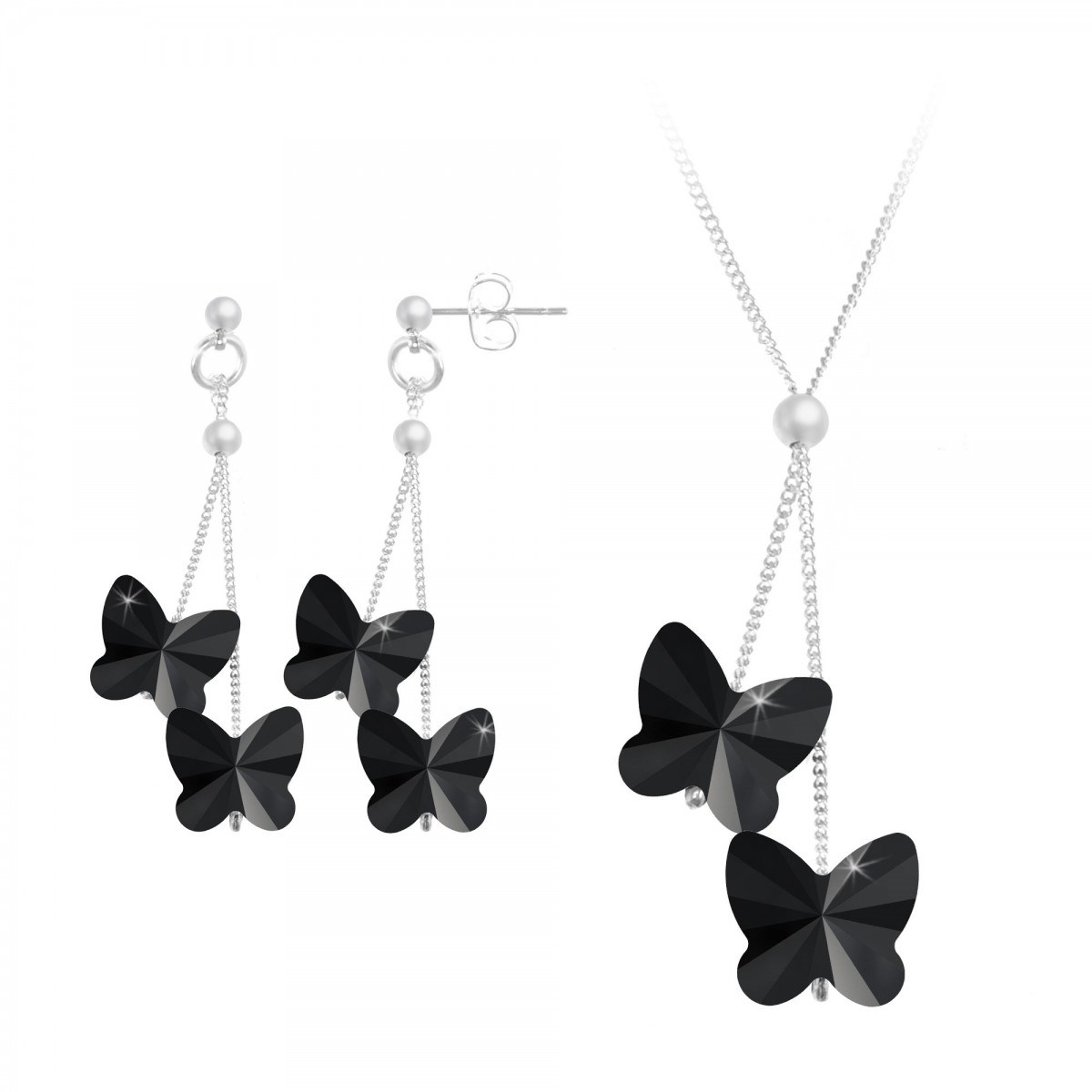 Parure collier et boucles d'oreilles papillons noirs SC Crystal ornée de Cristaux scintillants