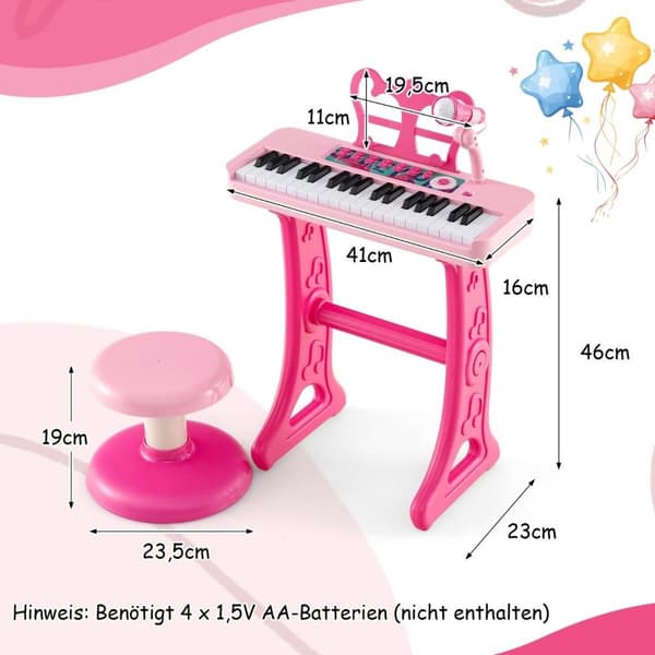 37 tangenter barnetastatur barnepiano elektronisk med krakkmikrofon og notestativ rosa