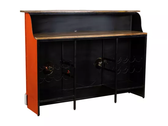 Barre porte-bouteilles fourgon en bois et métal orange 150x55x105h