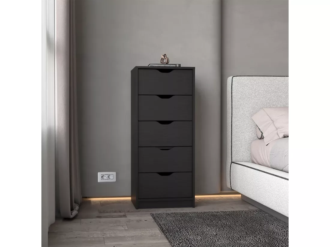 Commode Basilea en mélamine avec 5 tiroirs avec rail en métal, 107.8 cm X 45 cm X 41.3 cm , Noir