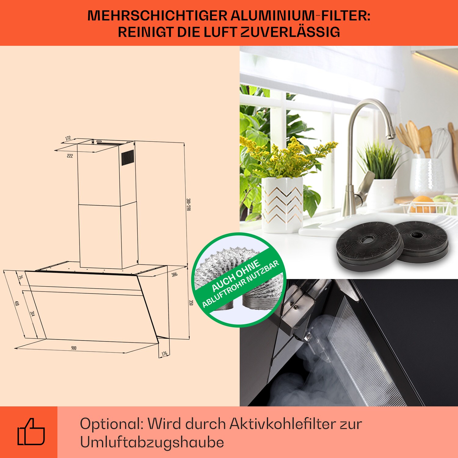 Ava 90 Dunstabzugshaube 90cm Wandhaube WiFi A++ 515m³/h Touch Schwarz