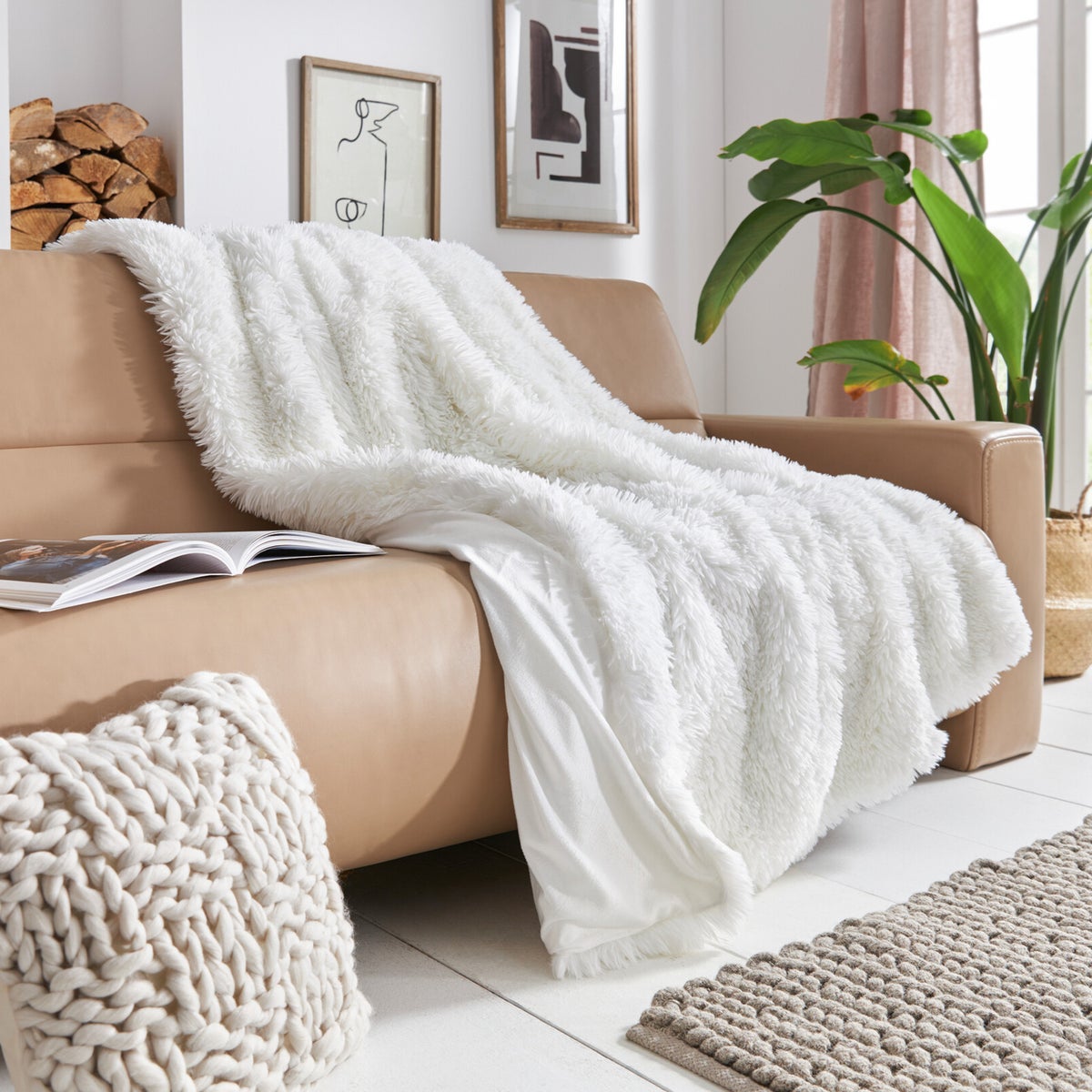 FRANK FLECHTWAREN | Imitatiebont deken gebroken wit, 130 x 170 cm, POLYESTER