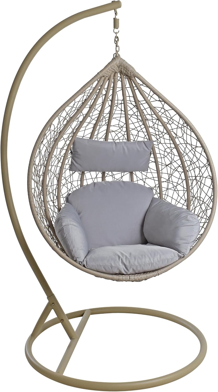 ESTEO Hängesessel mit Gestell Polyrattan Hängekorb Rattan Hängestuhl Hängesitz Beige/Grau