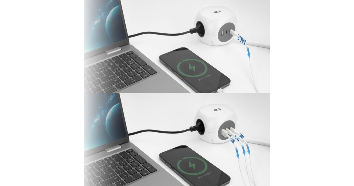 ACT ConnectivityStekkerdoos kubus met 3 stopcontacten, 30W Power Delivery USB-C/A poorten, kabellengte 1,5m stekkerdoos  (Wit, Type E)