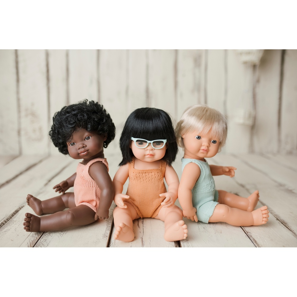 Miniland Lernpuppe Mädchen, Pfirsichfarbenes Outfit, 38 cm