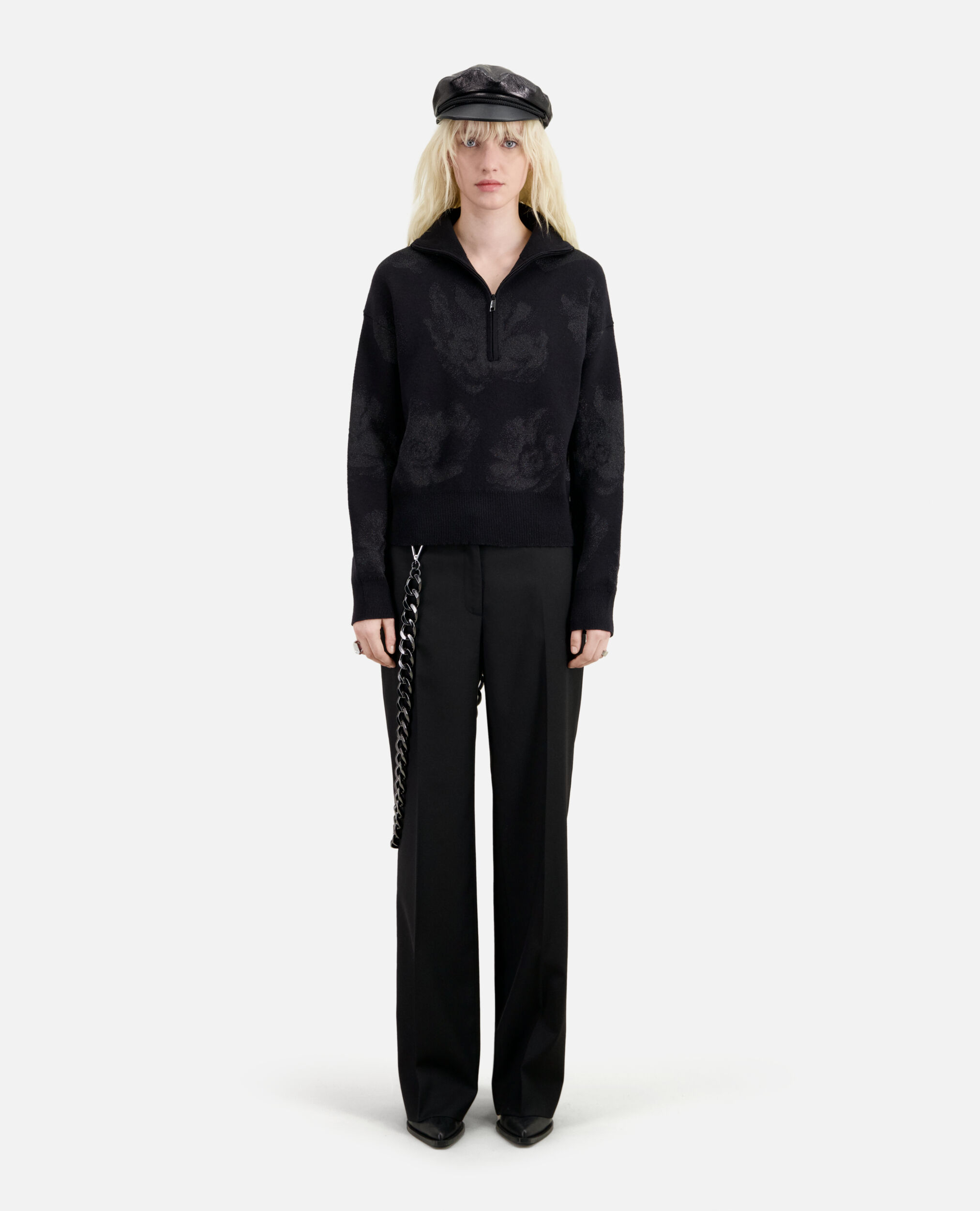 Black wool-blend sweater with silver details