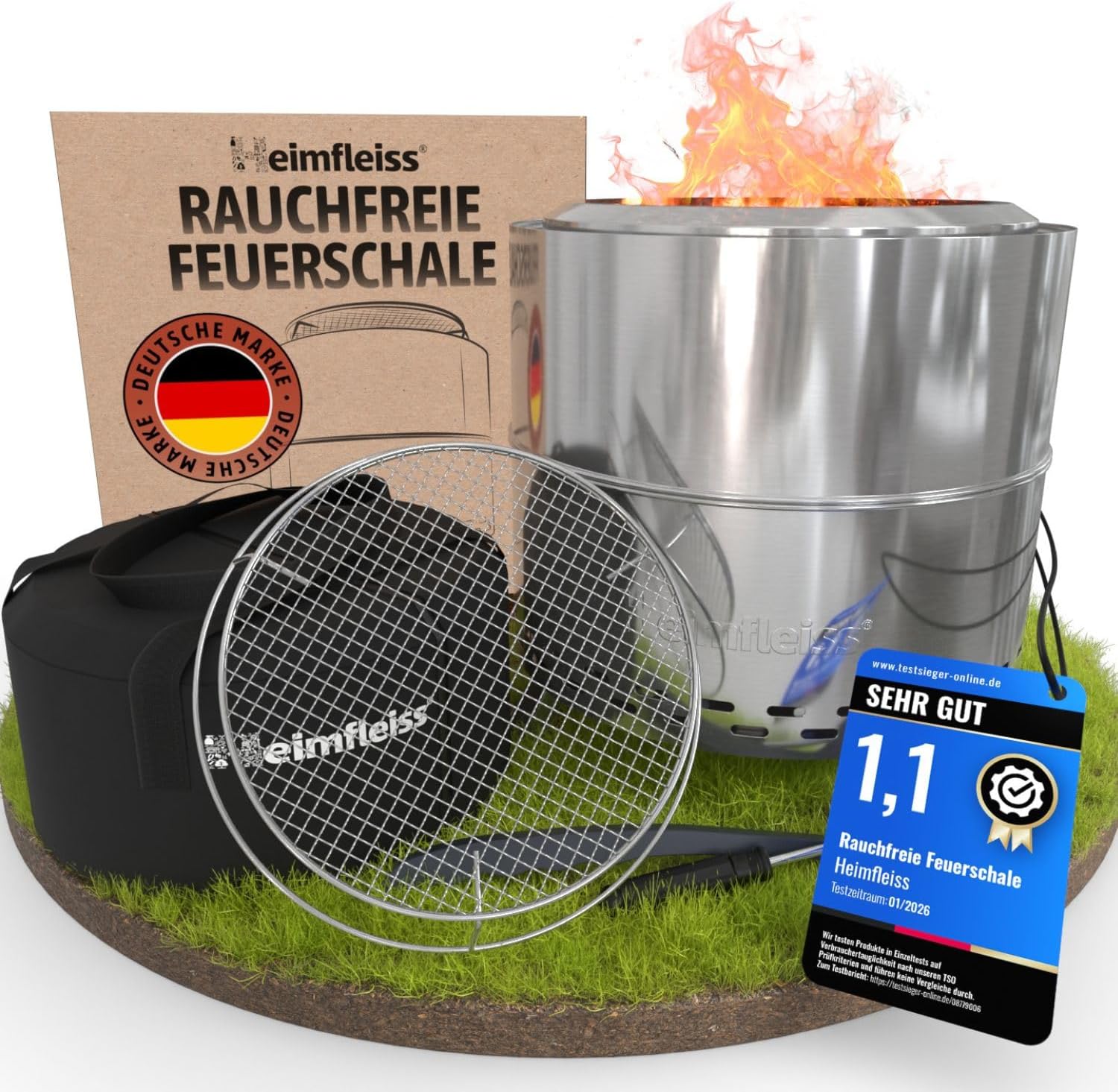 Heimfleiss® Rauchfreie Feuerschale Edelstahl Ø50cm | Feuerkorb mit Grillrost | Feuerschale Rauchfrei für Garten, Camping, Balkon & Terrasse | Rauchfreie Feuerstelle mit Grill | Feuertonne ohne Rauch