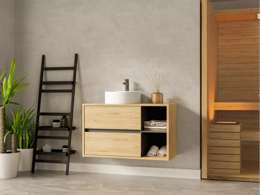 Meuble de salle de bain suspendu avec vasque ronde - Coloris naturel - 100 cm - PURNAL