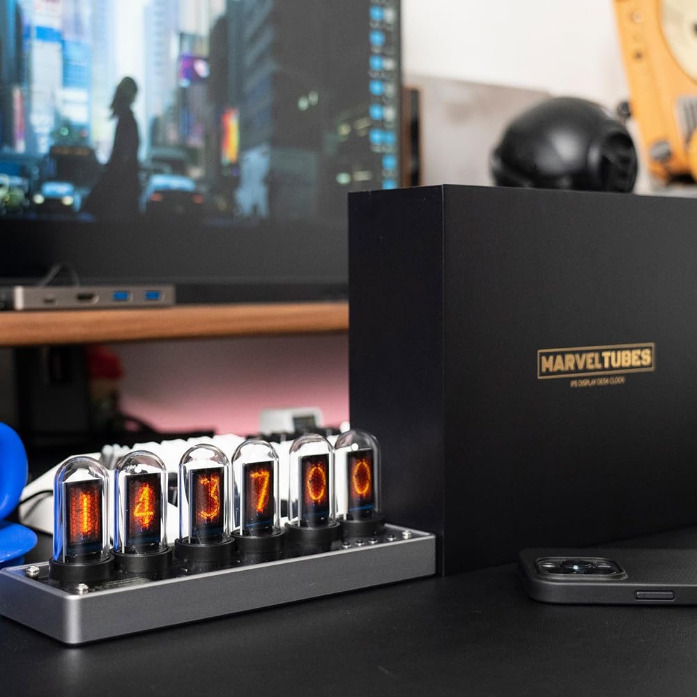Simulierte Nixie-Röhren-Uhr mit 6 IPS-LCD-Ziffern, WLAN-Synchronisation, RGB-Beleuchtung, personalisierbarer Fotoanzeige und Aluminiumgehäuse – Retro-Cyberpunk-Tischuhr & Geschenk