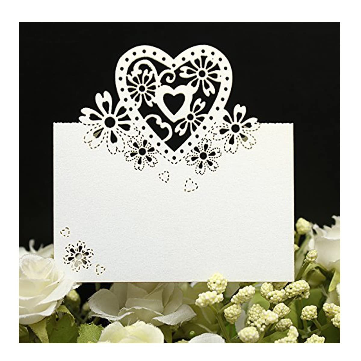 (50er Set) 6x9cm Papier Tischkarten Hochzeits Deko Herz Namens Platzkarten - Weiss