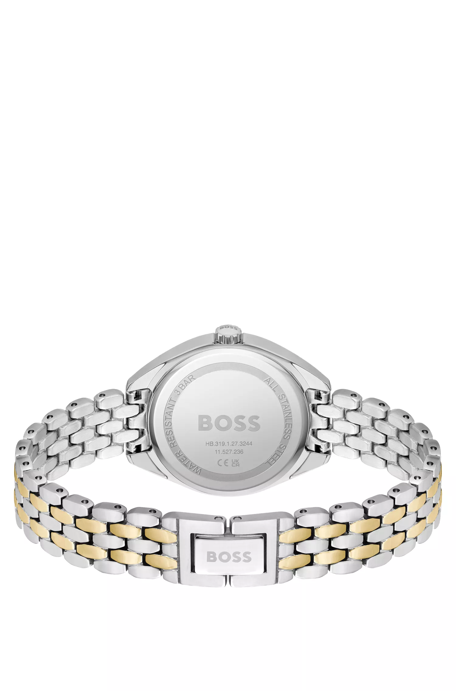 Relógio BOSS com índices em cristal preto e pulseira bicolor.