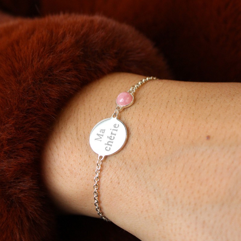 Bracelet chaine médaille et pierre rose argent 925 femme - gravure ONLY YOU