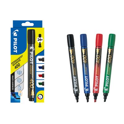 Pilot 400 - Pack de 4 marqueurs permanents - pointe biseau - noir, bleu, rouge, vert