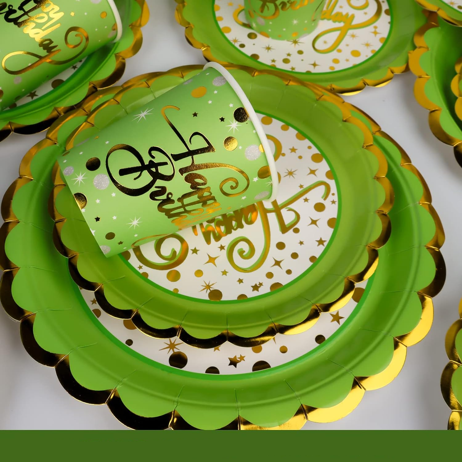 (30-tlg. Set) Happy Birthday Einweg Geschirr Geburtstags Party Tisch Deko - Grün / Gold