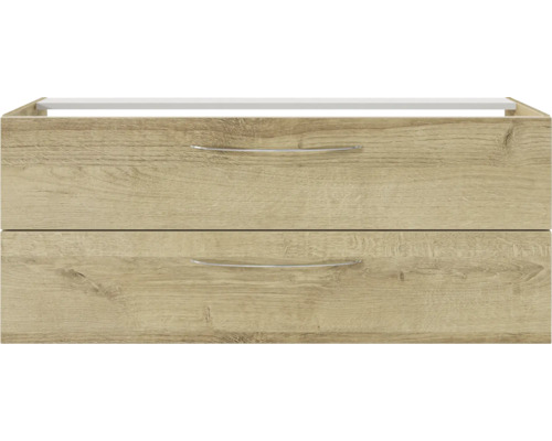 3-delige badkamermeubelset Pelipal serie 4035 BxHxD 120 x 200 x 45 cm, frontkleur eiken riviera, met keramische wastafel in wit en keramische dubbele wastafel, wastafelmeubel, spiegelkast met LED-verlichting, greep chroom hoogglans 40351200111470
