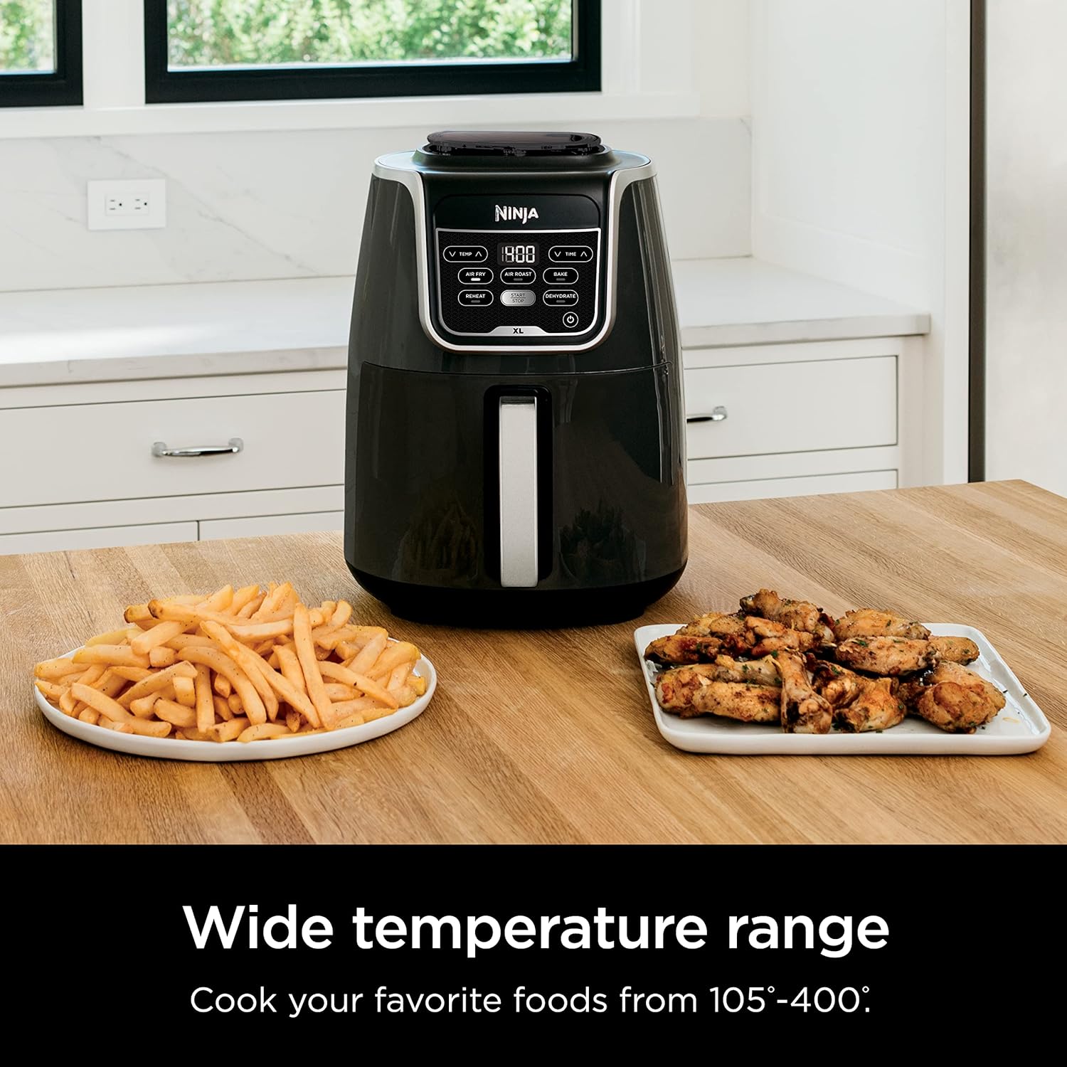 Ninja AF150AMZ Friteuse à air XL d'une capacité de 5,2 l qui peut frire à l'air, rôtir à l'air, cuire, réchauffer et déshydrater, passe au lave-vaisselle, panier antiadhésif, assiette à frire et guide