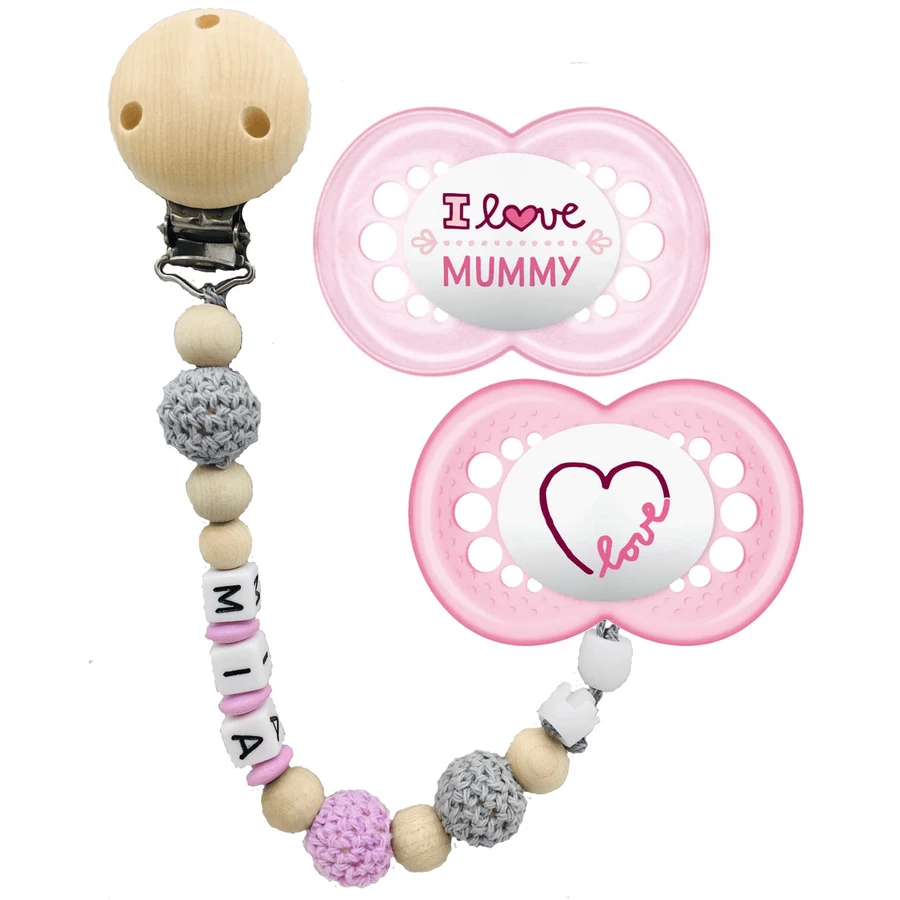 Schnullireich Schnullerkette mit Namen + MAM Schnuller Mummy 6-18 Mon. Rosa
