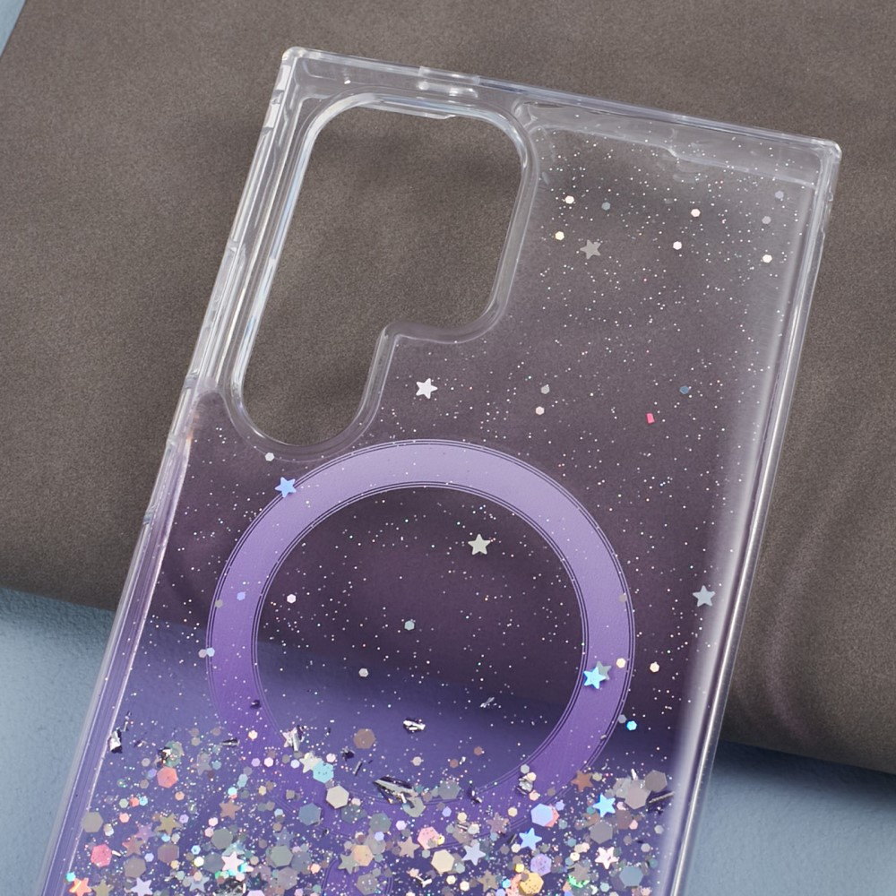 Samsung Galaxy S24 Ultra Hülle mit Acryl Rückseite und Farbverlauf im Glitzer Design MagSafe-Modul - Lila