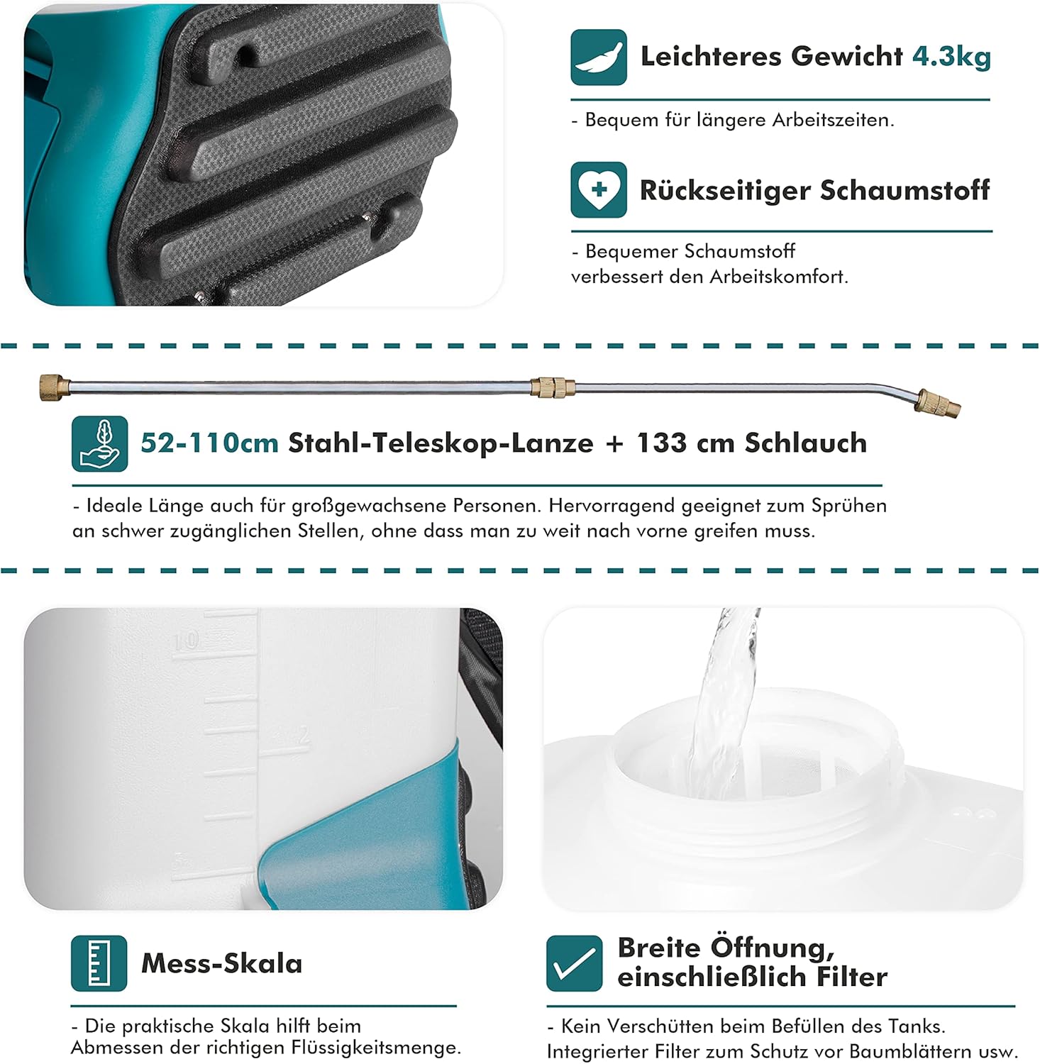 Akku Drucksprüher 16 Liter, 12V Li-Ion Batterie, Elektrisch Unkrautvernichter Rückenspritze, Autopump, 110cm Teleskop-Sprühlanze, einstellbare Messingdüse, gartenspritze spritzgerät unkrautspritze