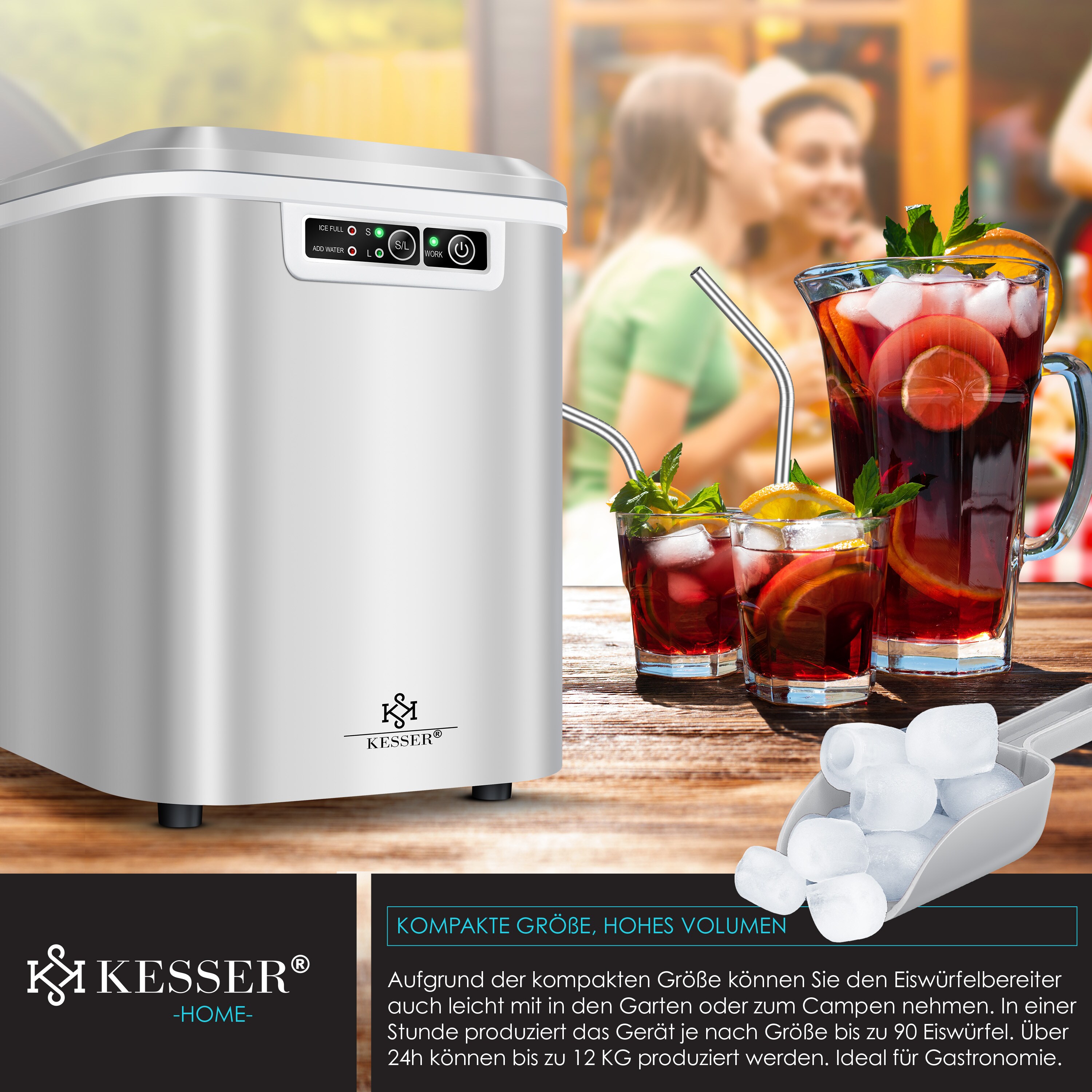 KESSER® Eiswürfelbereiter | Eiswürfelmaschine Edelstahl | Ice Maker | 12 kg 24 h| Zubereitung in 7 min | 2,2 Liter Wassertank | 2 Eiswürfel-Größen | LED-Display | Selbstreinigungsfunktion