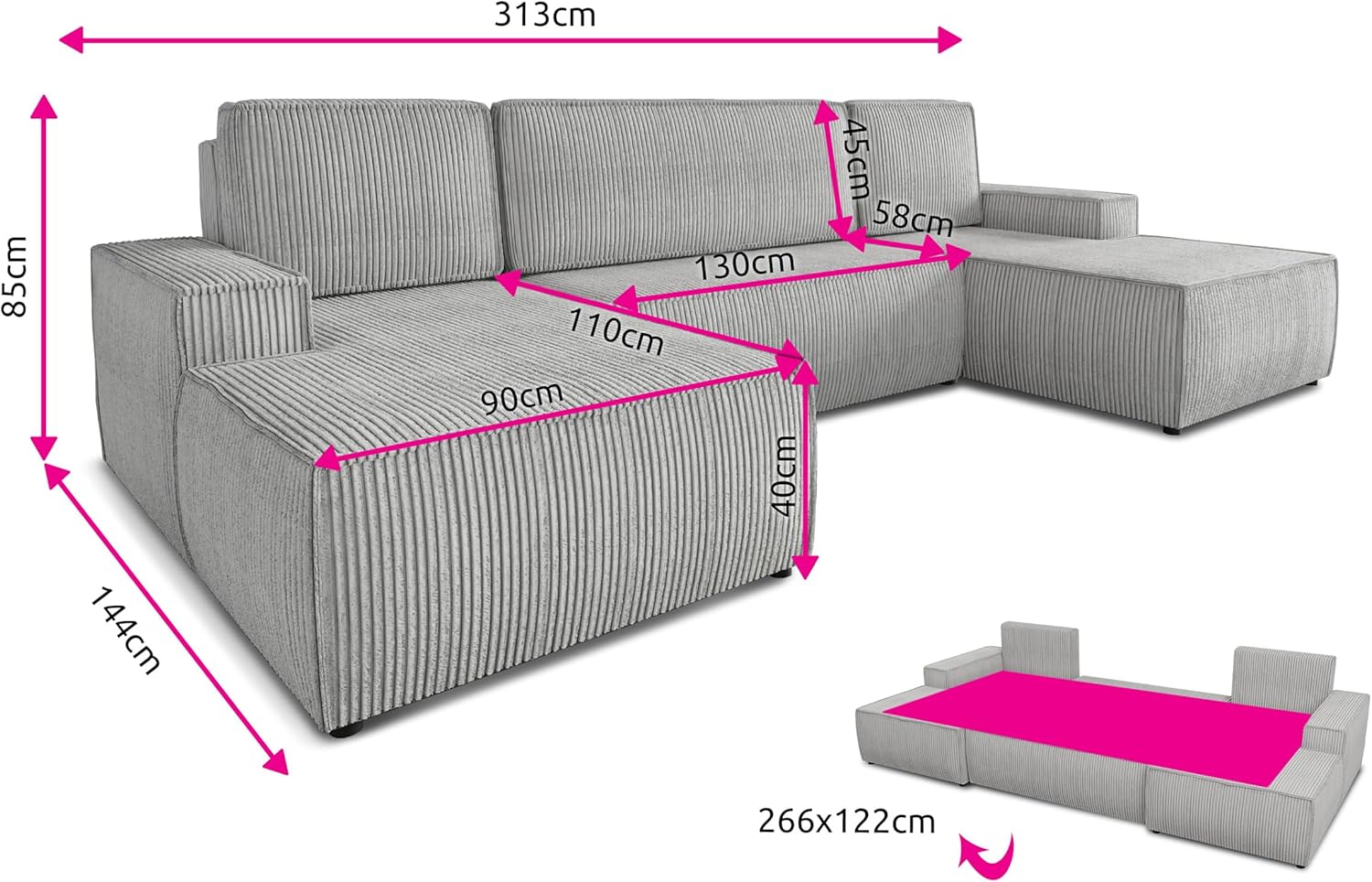 Sofnet Wohnlandschaft mit Schlaffunktion Totti - U-Form Couch, Schlafsofa mit Bettkasten, Couchgranitur mit Bettfunktion, Big Sofa, Cord Stoff, Wohnzimmer (Beige (Poso 100))